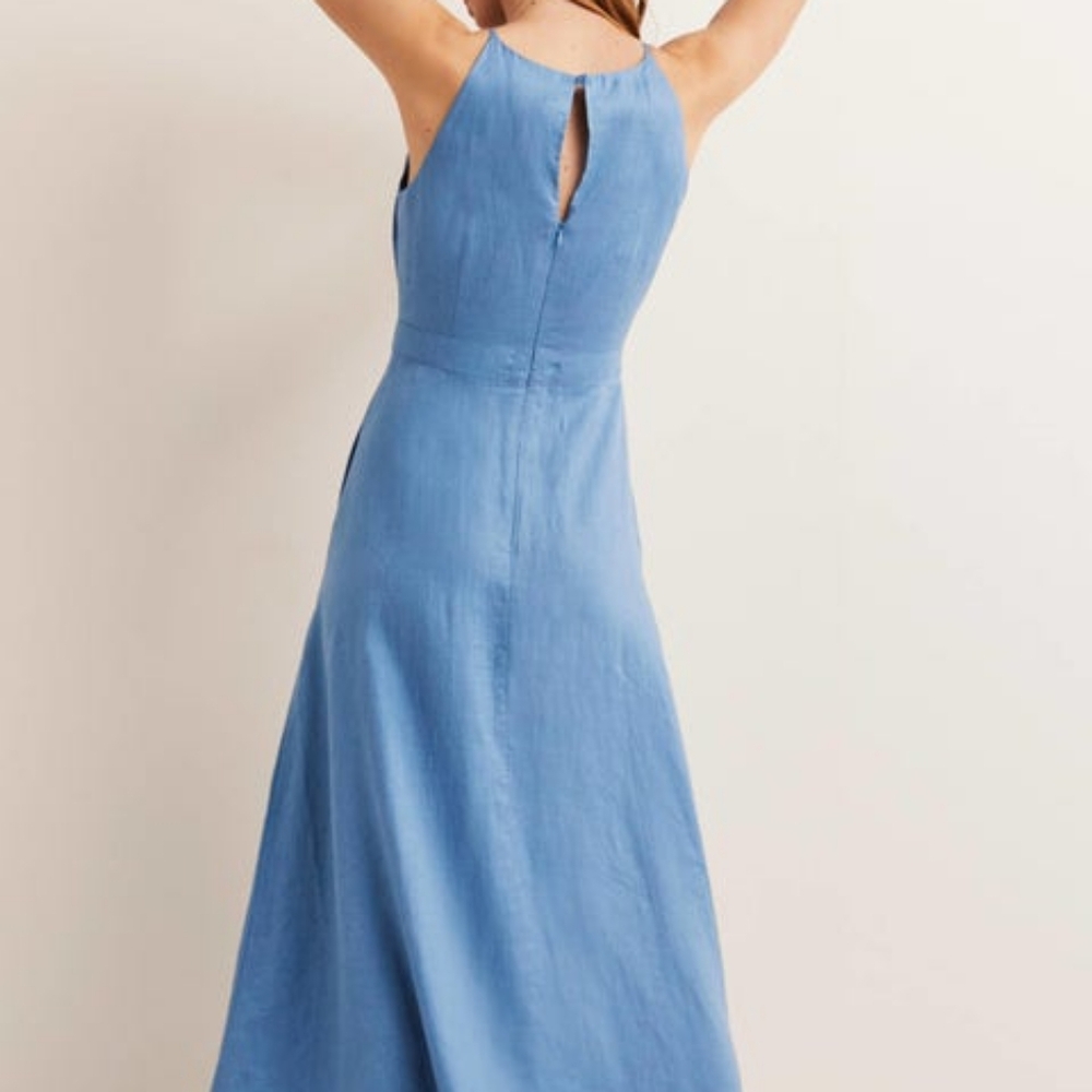 Boden Halterneck Linen Midi Dress Riviera Blue Size 16